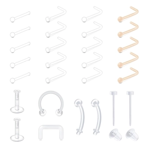Detailed macro view of 28-piece clear acrylic invisible piercing set for nose and lips