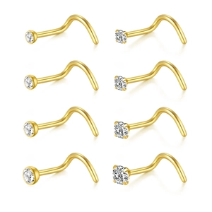 Detailset aus 8 goldenen Edelstahl-Nasensteckern mit Zirkonia-Steinen und Zargenfassung