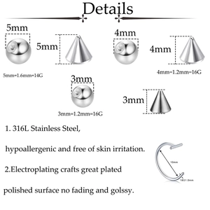 Kit de 153 bijoux de piercing en acier inoxydable 316L avec boules, cônes et fer à cheval