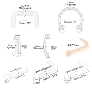 Macro detail of acrylic piercing set showing various sizes from 14G to 20G on white background