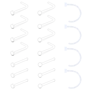 Macro detail of 18pcs clear acrylic nose stud set featuring L-shape, bone and hoop styles