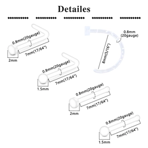 Detailed size chart for clear acrylic nose studs and hoops in 0.8mm gauge sets