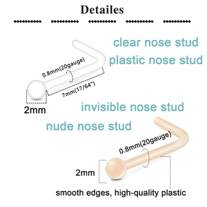 Detailed specs for 20G clear and skin-tone L-shaped acrylic nose studs with 2mm ball