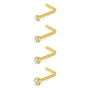 Makro-Detail von vier goldenen Edelstahl L-Nasensteckern mit klaren Zirkonia-Steinen