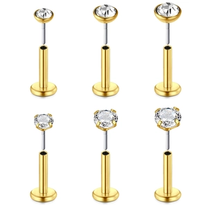 Goldenes Edelstahl Labret-Set mit Zirkonia in Zargen- und Krappenfassung, 6-teilig
