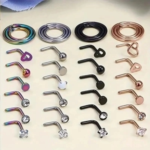Set dettagliato di piercing per naso 20G in acciaio inox arcobaleno, argento, nero e oro rosa