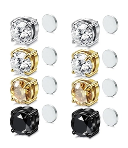 Detail showing four pairs of magnetic stud earrings in silver, gold, and black with zircon stones