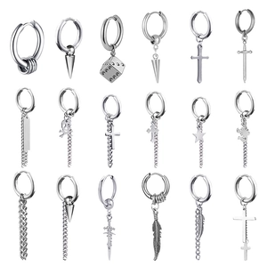 Punk Gothic Stainless Steel Hoop Earrings For Women Men Silver Cross Sword Skull Star Feather Dangle Drop Earring Jewelry