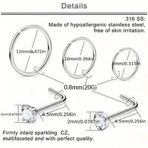 Set di 36 piercing per naso in acciaio chirurgico con zirconi e varie misure