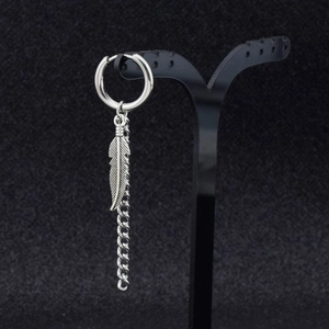 Gothic punk silver stainless steel hoop earrings with feather pendant and chain