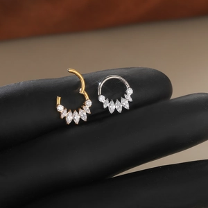 G23 titanium 16G septum ring with fan-shaped 5A cubic zirconia in gold and silver