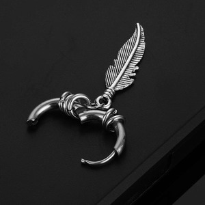 Punk style stainless steel horn earrings with detailed feather pendant for men and women