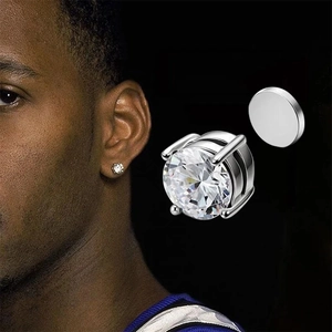 Pair of magnetic zircon stud earrings with silver four-prong setting for non-pierced ears