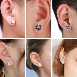 Magnetic clip-on earrings with punk style cubic zirconia and totem patterns for non-pierced ears