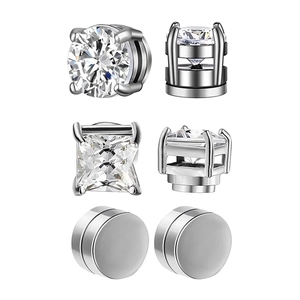 Non Pierced Stainless Steel Magnetic Stud Earrings For Men Women Round Square Zirconia Punk Gothic Viking Rune Pattern Jewelry