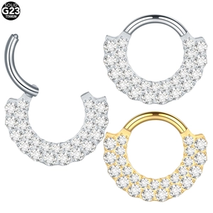 Detail of hinged double-row zircon G23 titanium clicker rings showing open mechanism