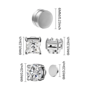 Three pairs of 6mm magnetic zircon stud earrings in round and square silver settings