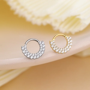 Surgical steel double row zircon clicker hoop for septum and cartilage piercing in gold and silver