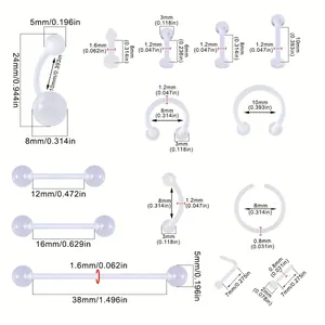 Detailed size chart for acrylic body piercing set including navel, tongue and nose rings