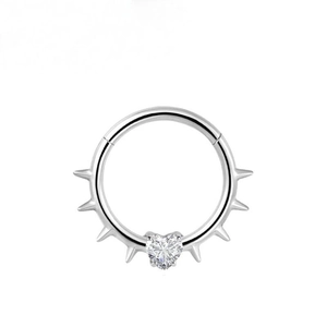 Titanium hinged nose ring featuring punk style spikes and a central heart cubic zirconia
