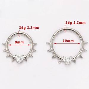 Titanium 16G heart CZ septum clicker ring with spikes in 8mm and 10mm diameters