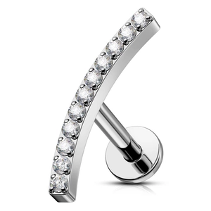 Macro shot of G23 titanium flat back stud with nine clear round cubic zirconia stones