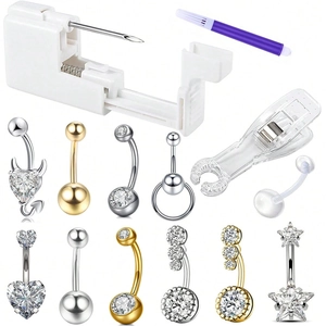 Kit Pistola per Piercing Ombelico Fai da Te Con Anelli in Acciaio Inossidabile e Zirconia Cubica Strumento per Piercing Pennarello Morsetto Gioielli Corpo Donna