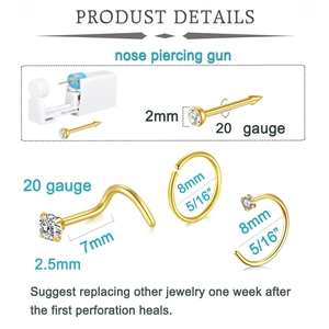 Gouden neuspiercingset met 2mm zirkoon studs en 8mm septumringen van 20G