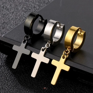 Orecchini a Cerchio con Croce in Acciaio Inossidabile Punk per Uomo Gioielli Gothic Hip Hop Oro Argento Nero Blu