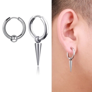 Gothic asymmetric silver stainless steel hoop earrings with spike and bead drop charms