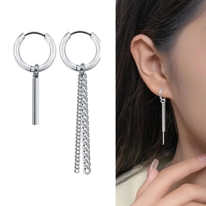 Asymmetric stainless steel drop earrings with spike and chain tassels in gothic style