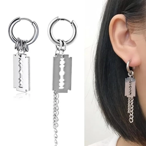 Unisex gothic stainless steel asymmetrical earrings with blade pendant and long chain link