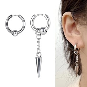 Asymmetric silver stainless steel hoop earrings with punk style chain and cone pendant