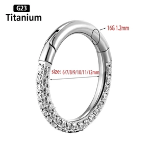 Macro detail of G23 titanium clicker ring with double-row sparkling cubic zirconia stones