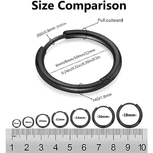 Size chart for black 316L stainless steel hoop earrings from 6mm to 18mm diameter