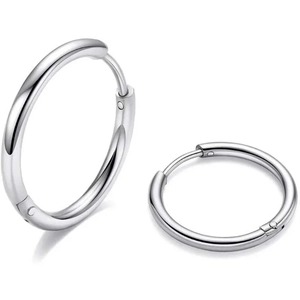 Polished silver 316L stainless steel hoop earrings with hinged closure and smooth finish