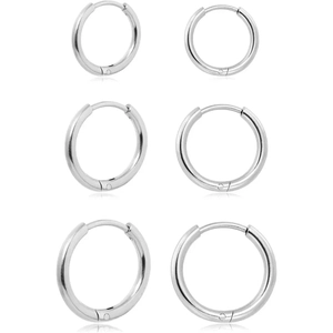 Three-pair set of polished stainless steel hoop earrings in varying circular sizes