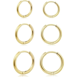 Three pairs of polished gold stainless steel hoop earrings in varying sizes on white background