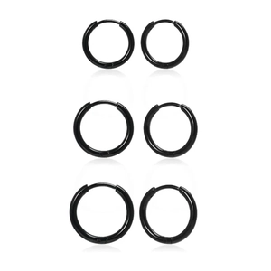 Set of six black 316L stainless steel hoop earrings for cartilage and tragus piercings