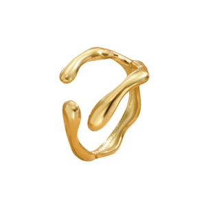 Close-up of golden liquid metal style bamboo ring with minimalist open design