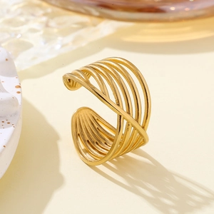 Minimalist gold stainless steel open ring with multilayer geometric spiral design