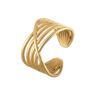 Minimalist gold stainless steel crossover open ring with multi-layer geometric lines