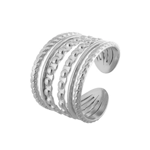 Minimalist silver stainless steel multi-layer open ring with twisted rope and bead patterns