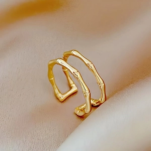 Women's Minimalist Stainless Steel Bamboo Joint Open Ring Adjustable Double Layer 18K Gold Plated Stackable Finger Jewelry