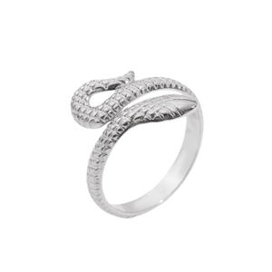 Adjustable silver stainless steel snake ring with realistic scale textures and spiral design