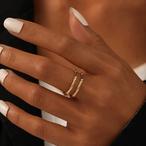 Elegant 18K gold-plated double-layer bamboo joint adjustable open ring for women