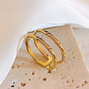 Modern 18K gold plated double-layer bamboo joint ring with adjustable open band style