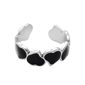 Minimalist adjustable silver ring with continuous black enamel heart patterns