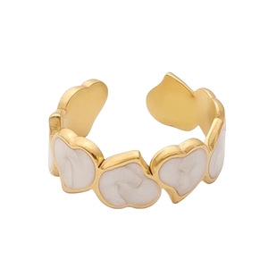Gold adjustable heart ring with white enamel accents in a minimalist Korean style