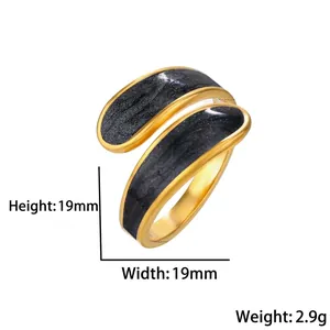 Adjustable gold titanium steel ring with black enamel inlay and 19mm size specs